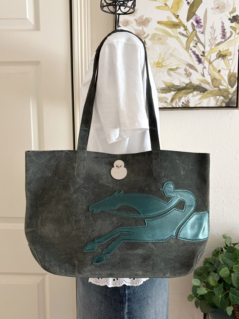 Longchamp Green Suede Cavalcade handbag Tote Horse 🐎 Jockey 🏇